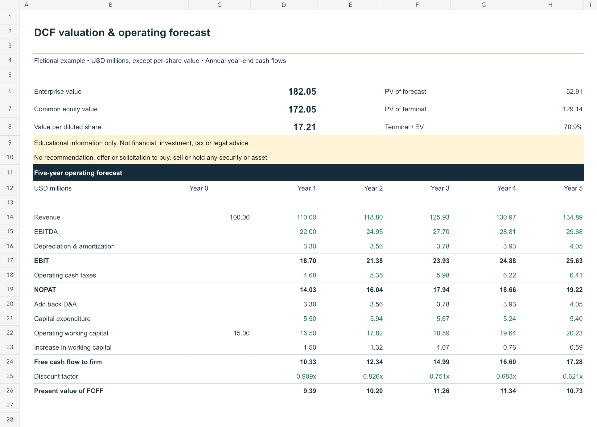 Preview of the fictional DCF workbook, showing enterprise value, equity value and five-year cash flows